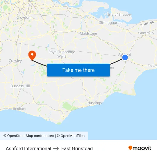Ashford International to East Grinstead map