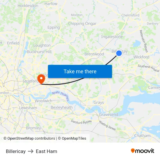 Billericay to East Ham map