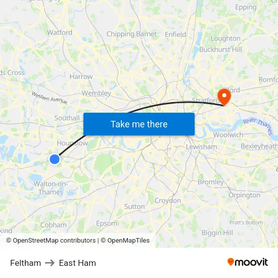 Feltham to East Ham map