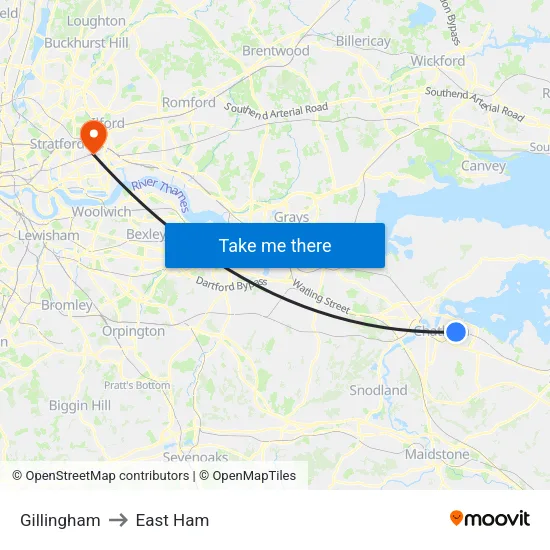 Gillingham to East Ham map