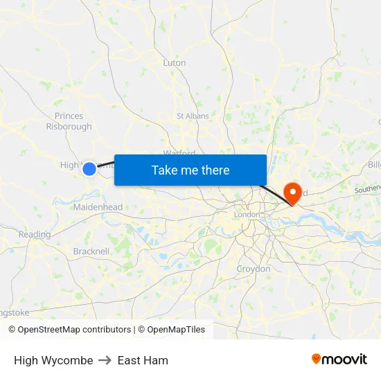 High Wycombe to East Ham map