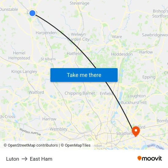 Luton to East Ham map