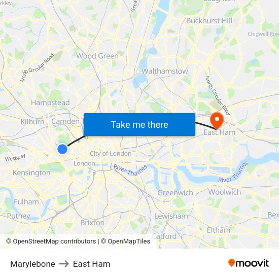 Marylebone to East Ham map
