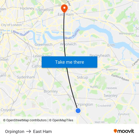 Orpington to East Ham map