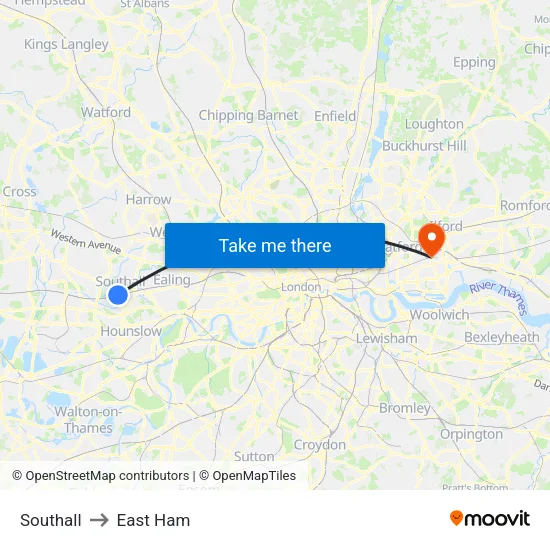 Southall to East Ham map