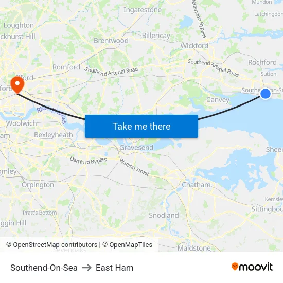 Southend-On-Sea to East Ham map