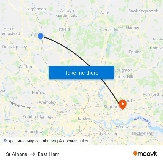 St Albans to East Ham map