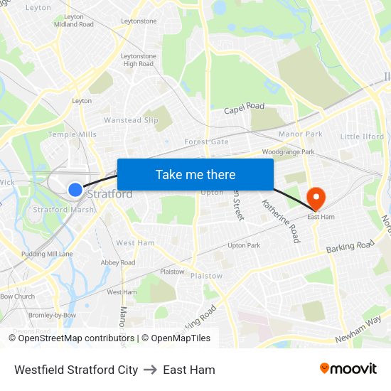 Westfield Stratford City to East Ham map