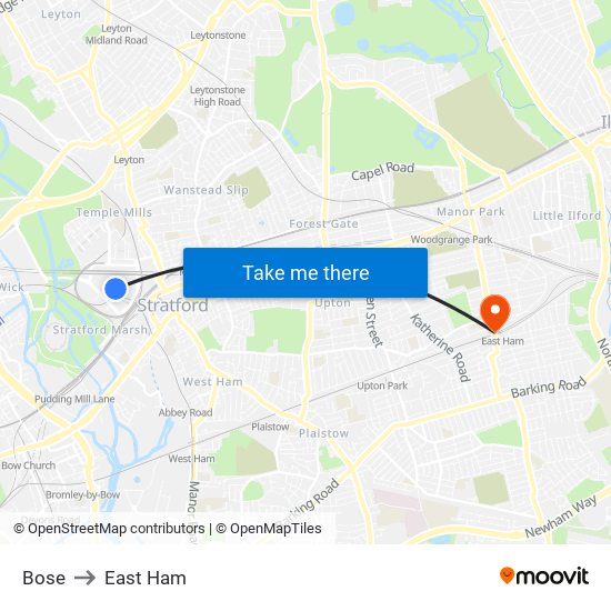 Bose to East Ham map