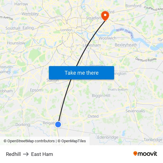 Redhill to East Ham map