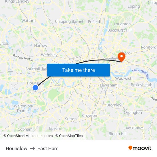 Hounslow to East Ham map