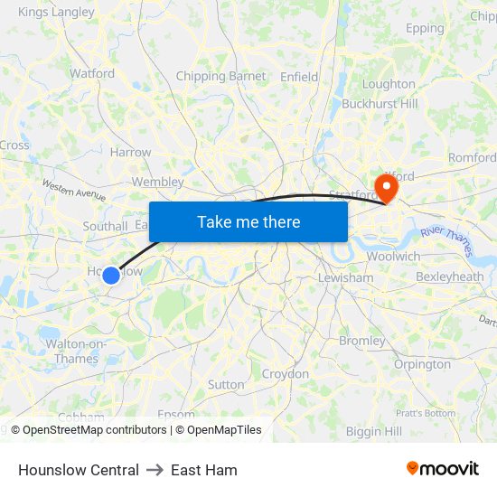 Hounslow Central to East Ham map