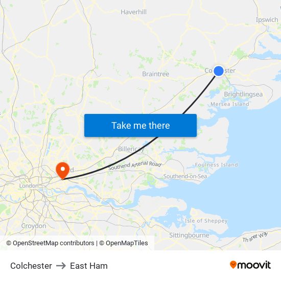 Colchester to East Ham map