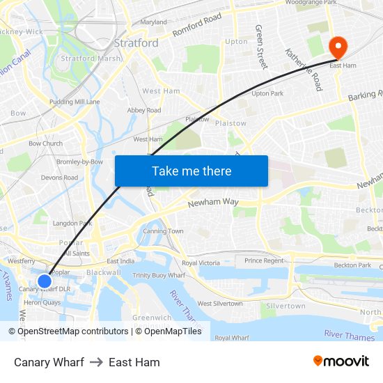 Canary Wharf to East Ham map