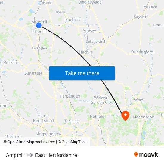 Ampthill to East Hertfordshire map