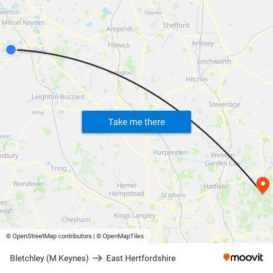 Bletchley (M Keynes) to East Hertfordshire map