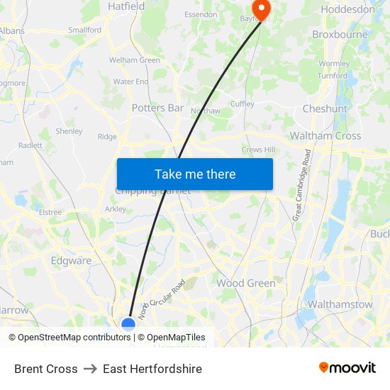 Brent Cross to East Hertfordshire map