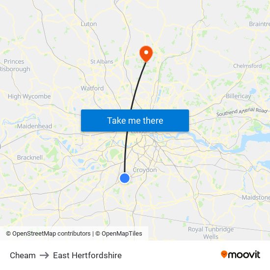 Cheam to East Hertfordshire map