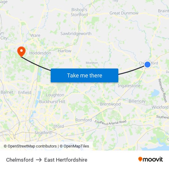 Chelmsford to East Hertfordshire map