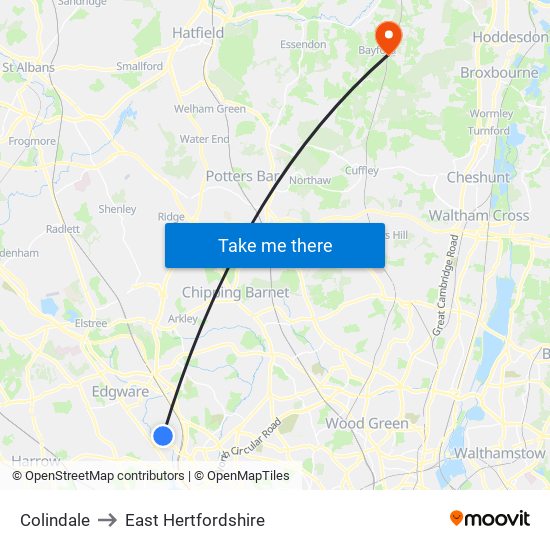 Colindale to East Hertfordshire map