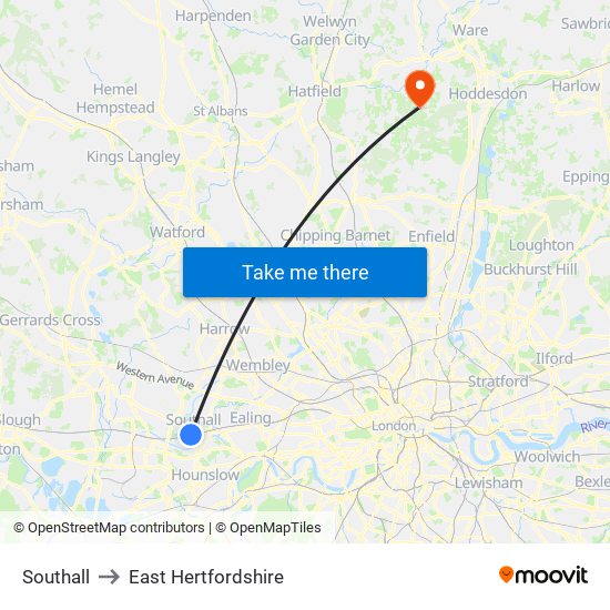 Southall to East Hertfordshire map