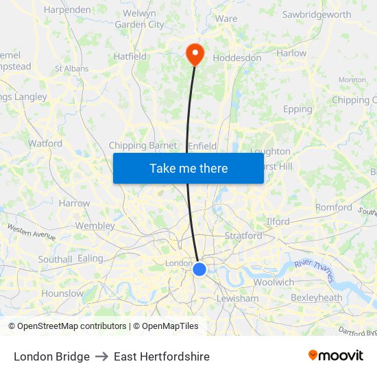 London Bridge to East Hertfordshire map
