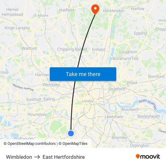 Wimbledon to East Hertfordshire map