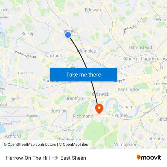 Harrow-On-The-Hill to East Sheen map