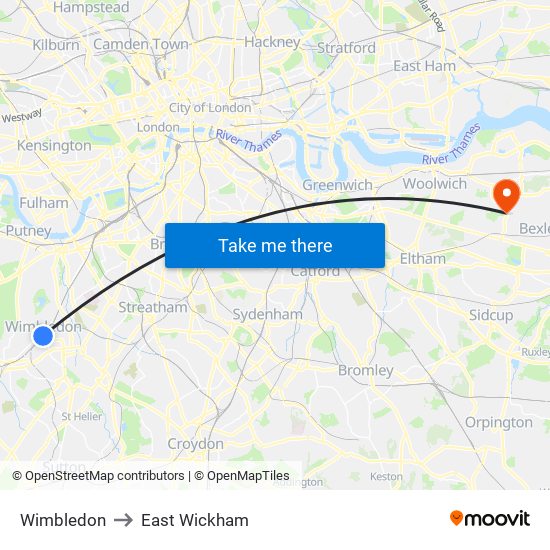 Wimbledon to East Wickham map