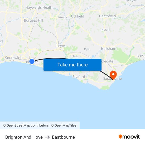 Brighton And Hove to Eastbourne map