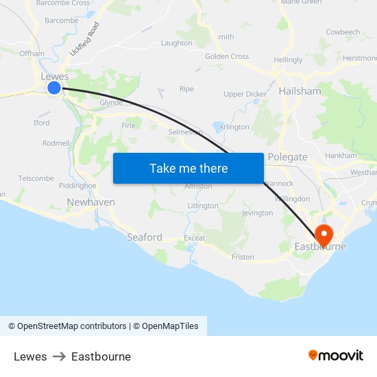 Lewes to Eastbourne map