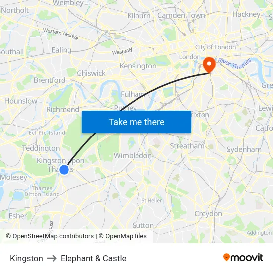 Kingston to Elephant & Castle map