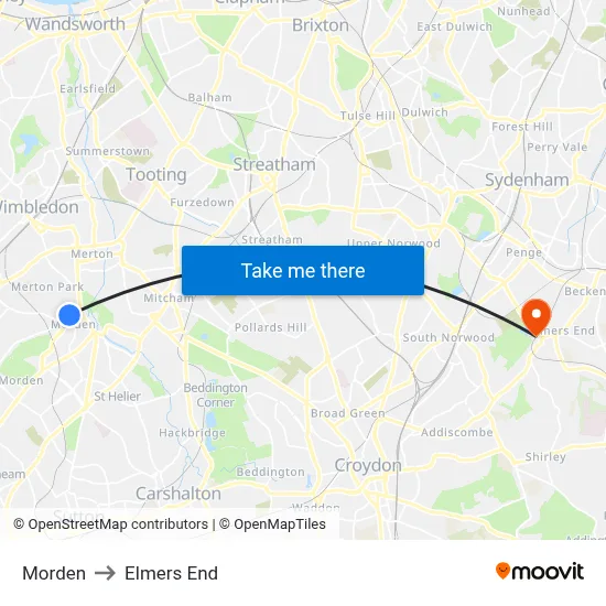 Morden to Elmers End map