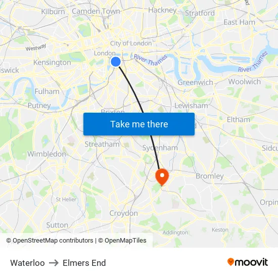 Waterloo to Elmers End map