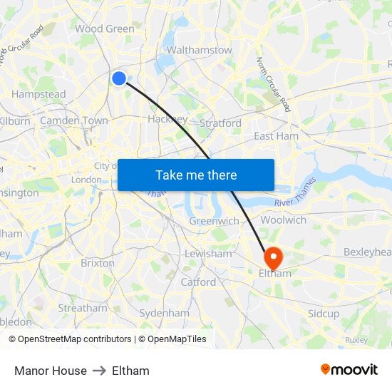 Manor House to Eltham map