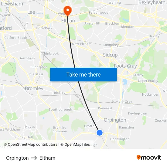 Orpington to Eltham map
