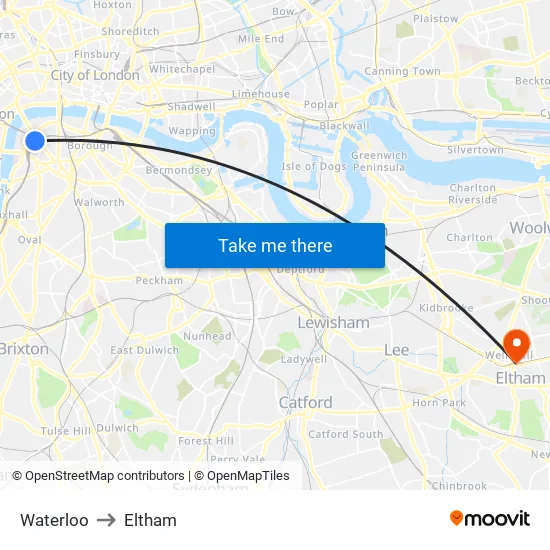 Waterloo to Eltham map