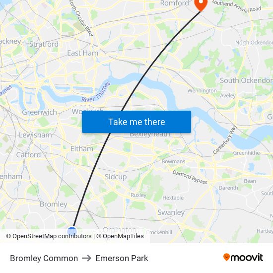 Bromley Common to Emerson Park map