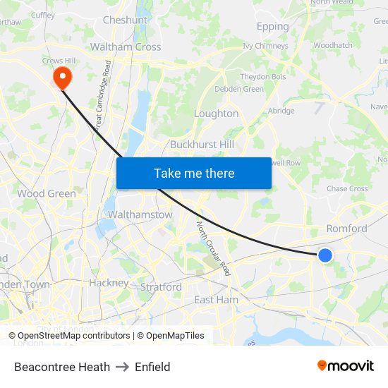 Beacontree Heath to Enfield map