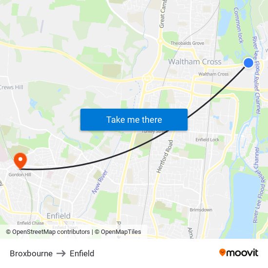 Broxbourne to Enfield map