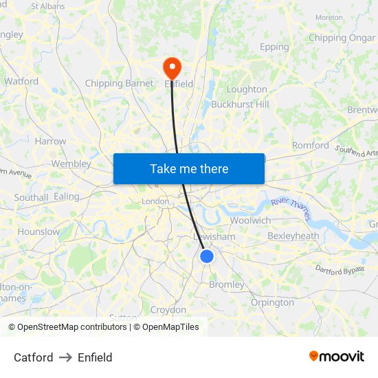 Catford to Enfield map