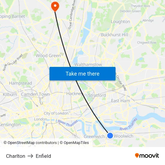 Charlton to Enfield map