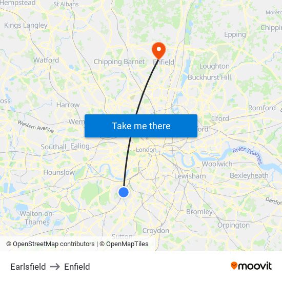 Earlsfield to Enfield map