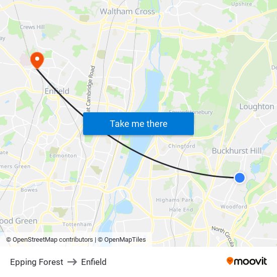 Epping Forest to Enfield map