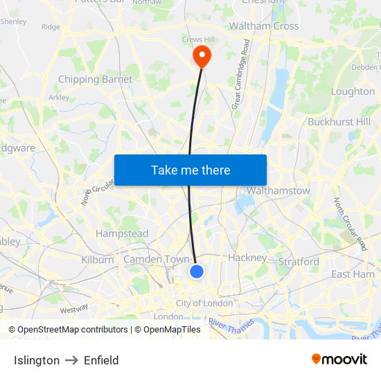 Islington to Enfield map