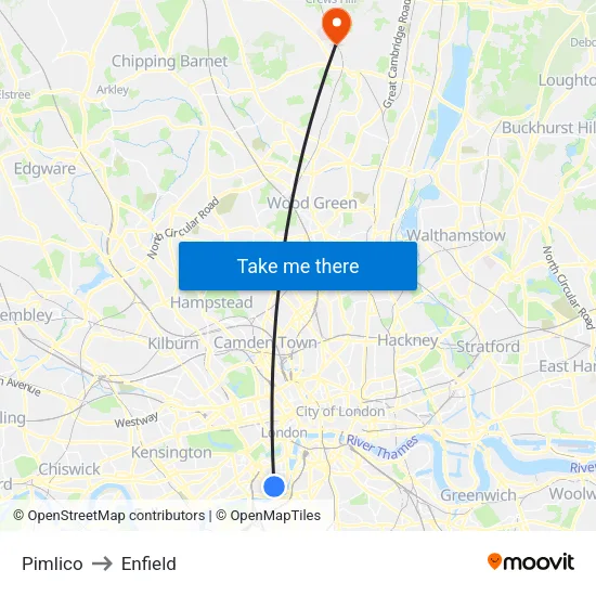 Pimlico to Enfield map