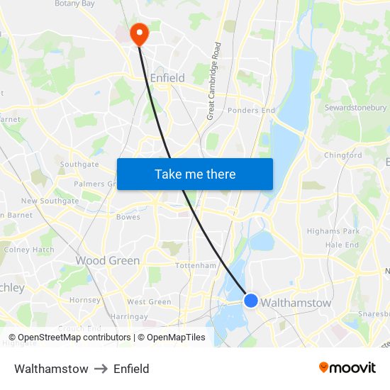 Walthamstow to Enfield map