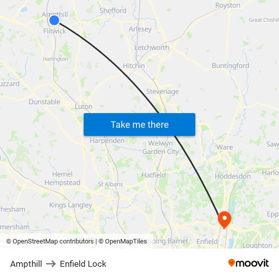 Ampthill to Enfield Lock map