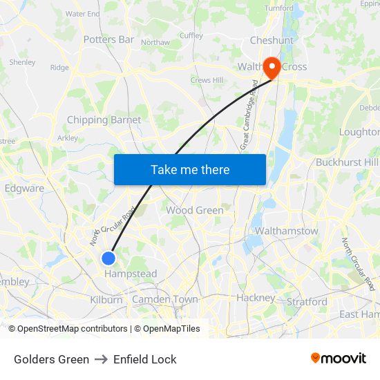Golders Green to Enfield Lock map