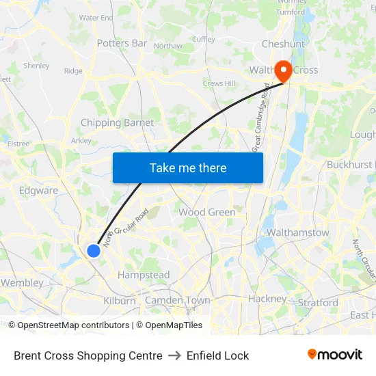 Brent Cross Shopping Centre to Enfield Lock map